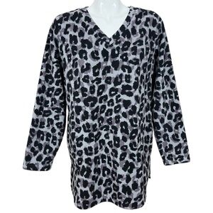 Denim&Company Leopard Print V Neck Fleece Polyester Pullover Size Large